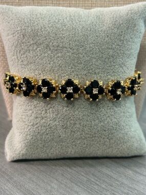NWOT-18K Gold Filled Black Onyx Floral Bracelet| 7.5”| AAA CZ